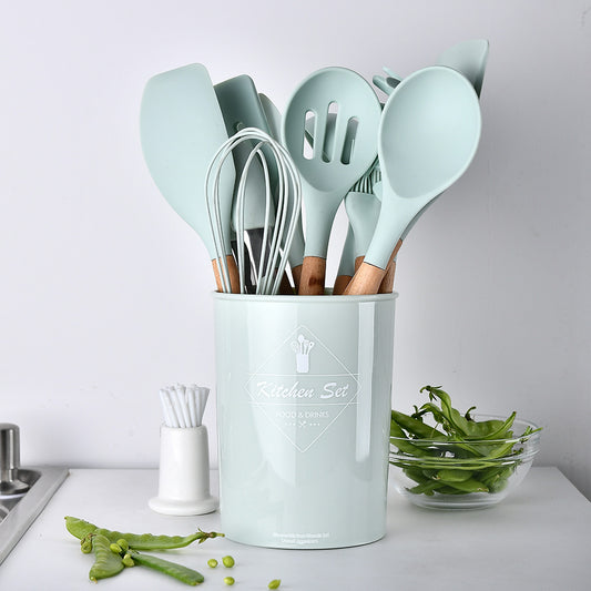 11-Piece Silicone & Rubberwood Kitchen Utensil Set in a Holder, all Mint Green Colour